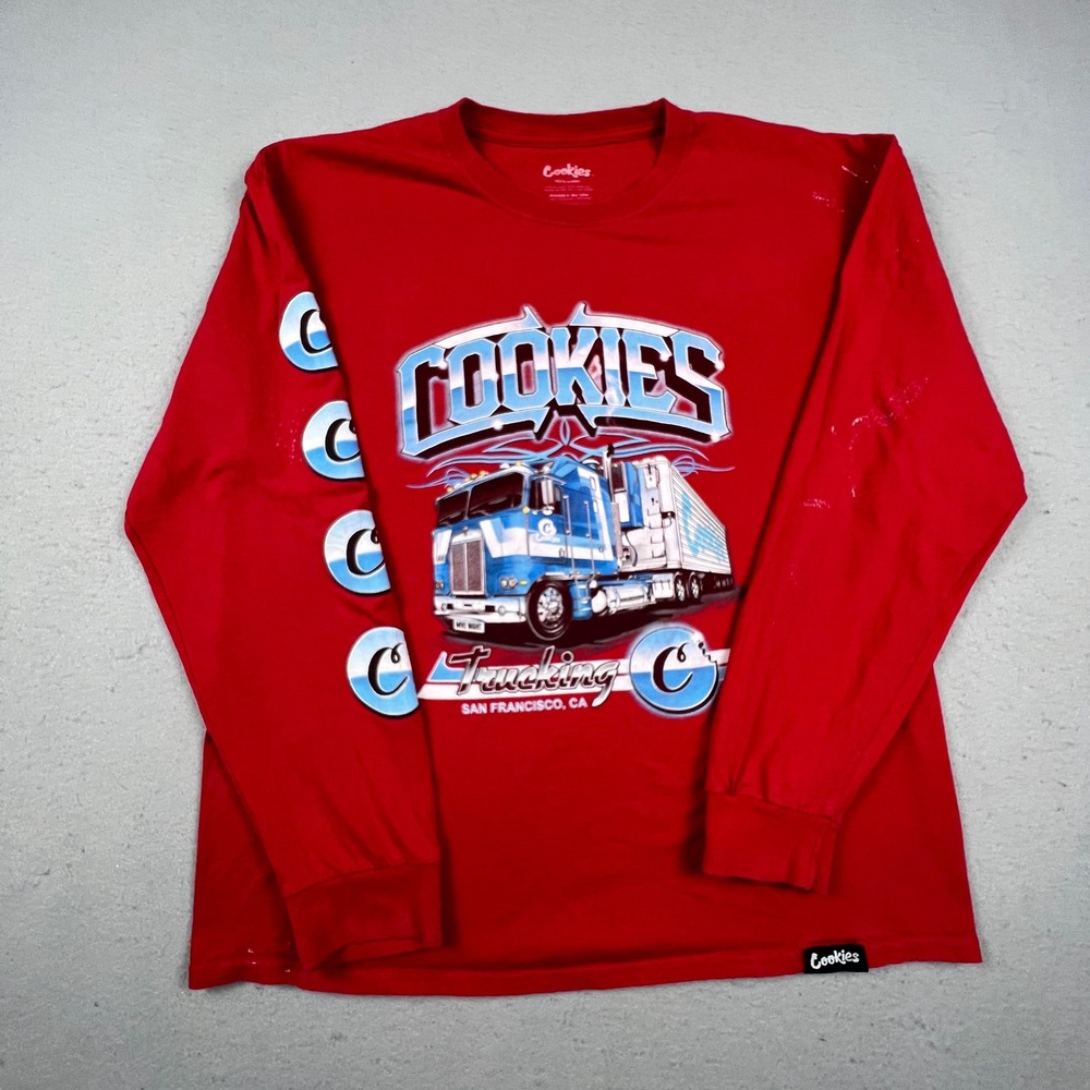 Cookies Trucking Graphic Long Sleeve T-Shirt Mens XL Red Distressed Streetwear